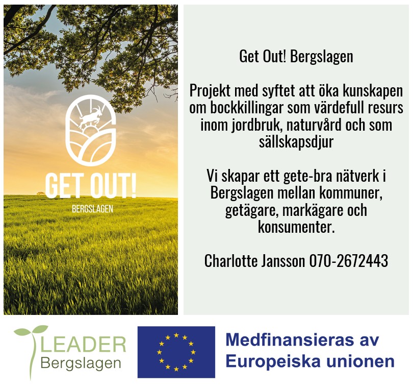 Get Out! Bergslagen Projekt med syftet att öka kunskapen om bockkillingar som värdefull resurs inom jordbruk, naturvård och som sällskapsdjur Vi skapar ett gete-bra nätverk i Bergslagen mellan kommuner, getägare, markägare och konsumenter. Charlotte Jansson 070-2672443 